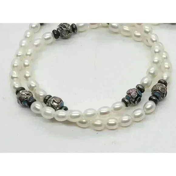 Vintage Cloisonne & Freshwater Seed Genuine Pearl Necklace Choker